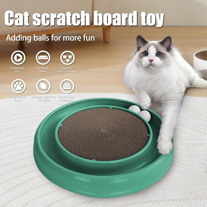 Interactive Cat Scratcher with Two Rotating Balls,Durable Scratch Pad for Indoor Play,Cardboard Cat Scratcher Pad with Cat Toy Ball Track and Catnip,2-in-1 Cat Toy (Green)-Mewly Pet