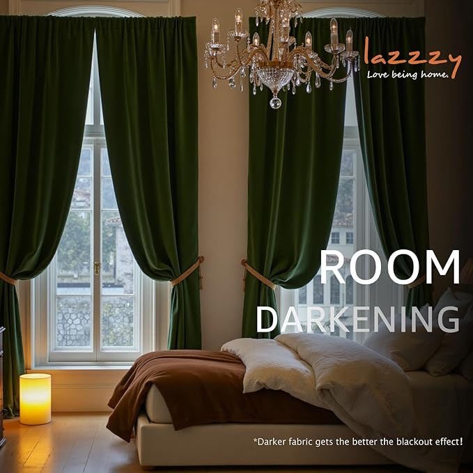 Lazzzy Velvet Blackout Curtains Thermal Insulated Room Window Drapes Super Soft Luxury Curtains for Living Room Bedroom Rod Pocket 2 Panels, Moss, 52" W x 90" L