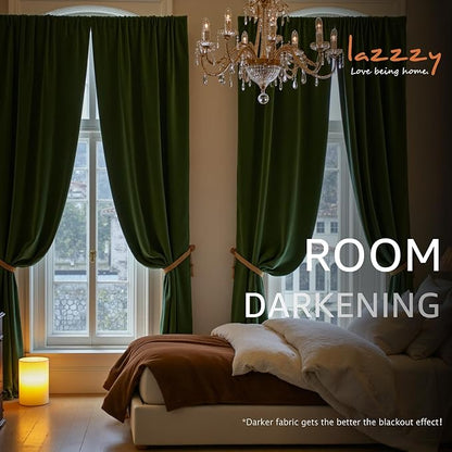 Lazzzy Velvet Blackout Curtains Thermal Insulated Room Window Drapes Super Soft Luxury Curtains for Living Room Bedroom Rod Pocket 2 Panels, Moss, 52" W x 90" L