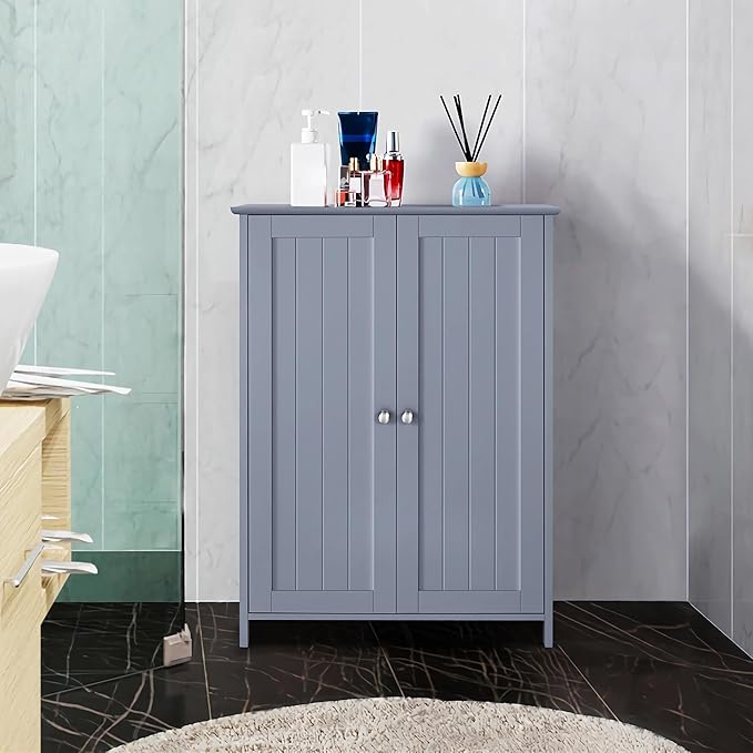 Yaheetech Bathroom Floor Cabinet, Modern Storage Freestanding Organizer Cabinet with Adjustable Shelves & Double Doors, 3-Tier Home Living Room Furniture, Gray