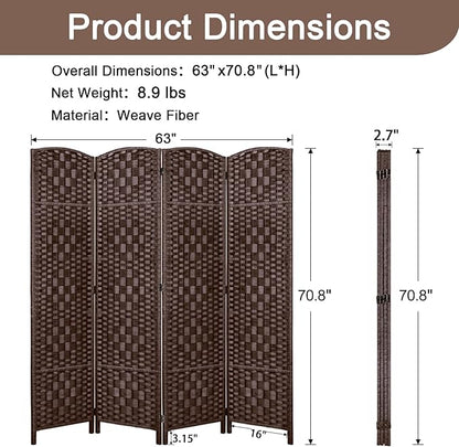 Rose Home Fashion 6 ft Tall Room Divider, Room Dividers and Folding Privacy Screens, 15.7in Privacy Screen 4 Panel Partition Temporary Wall Separation for Private, Brown