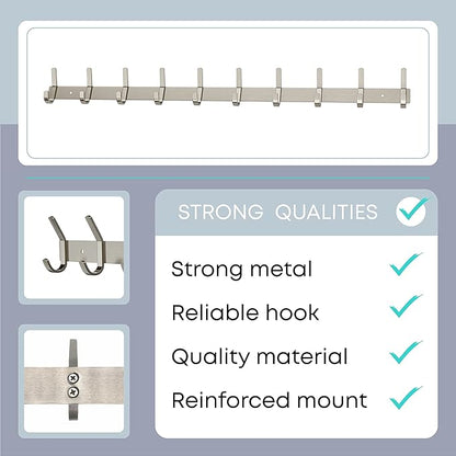 Coat Rack Wall Mount – Brushed Nickel 30 Inch Stainless Steel Hook Rail with 10 Heavy Duty Double Coat Hooks – Wall Mounted Coat Hanger for Entryway, Bathroom, Bedroom, Towel, Hat Organizer - 2 Pack