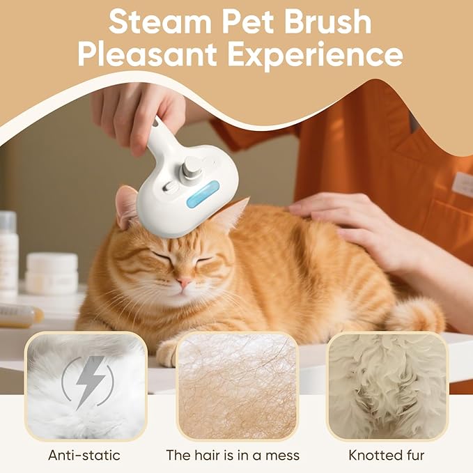 3-in-1 Cat Steam Brush – Pet Grooming & Shedding Comb with Gentle Steam Spray, One-Click Hair Release, for Long & Short Hair Cats & Dogs (White)-Mewly Pet