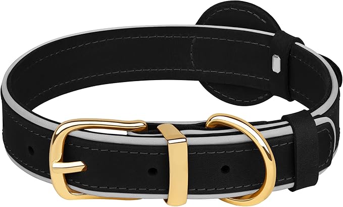 OOPSDOGGY Reflective Geniune Leather Airtag Dog Collar Soft Padded Collars for Small Medium Large Breed Dogs Puppy, 4 Sizes, 7 Colors (Black, XLarge, 19"-24")-Mewly Pet