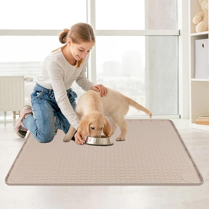 Cat Food Mat, 40" x 28" Extra Large Silicone Pet Feeding Mat with Raised Edge Pet Placemat for Food and Water Bowl Non-Slip, Easy to Clean, Floor Protection (Khaki)-Mewly Pet