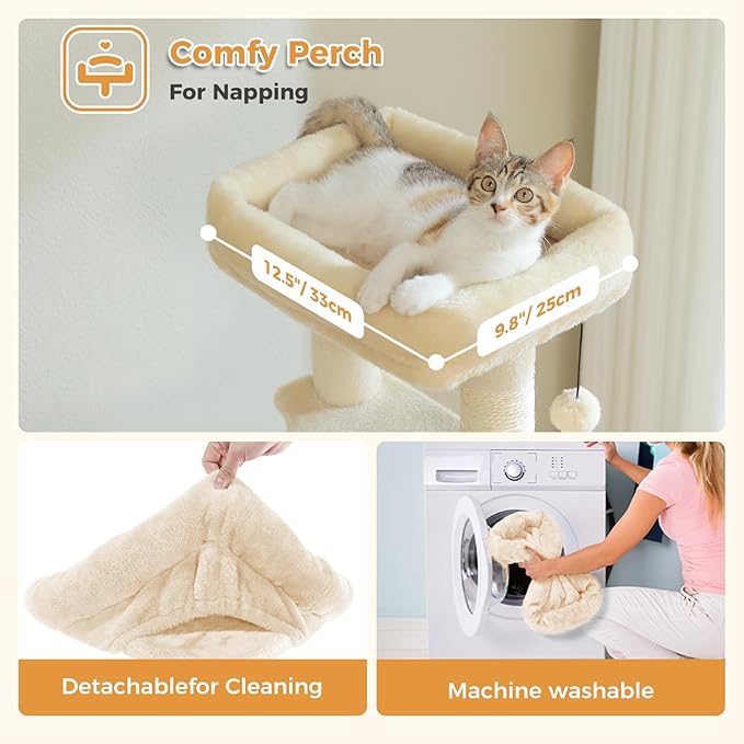 PAWZ Road Cat Tree, 51.6 Inches Cat Tower with Dual Condos, Spacious Perch, Cozy Basket and Sisal-Covered Scratching Posts for Indoor Cats- Beige-Mewly Pet