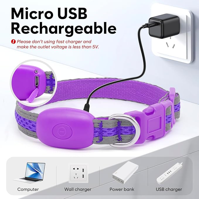 Flashseen LED Cat Collar,Light Up Dog Collar Rechargeable, Dog Lights for Night Walking, Comfortable Soft Mesh Pet Collar Adjustable for Cats Puppy and Small Dogs (Purple, XS)-Mewly Pet