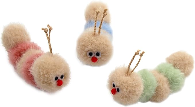 Interactive Natural 3 PK Catnip Toy, with Rattle, Bite Resistant, for All Ages Indoor Cat, Soft Caterpillar Toys, Fluffy Kitten Toy-Mewly Pet