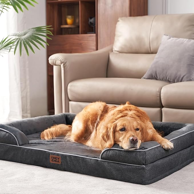 EHEYCIGA Orthopedic Dog Beds for Extra Large Dogs, Waterproof Memory Foam XL Pet Bed with Sides, Non-Slip Bottom and Egg-Crate Foam Big Dog Couch Bed with Washable Removable Cover, Dark Grey-Mewly Pet