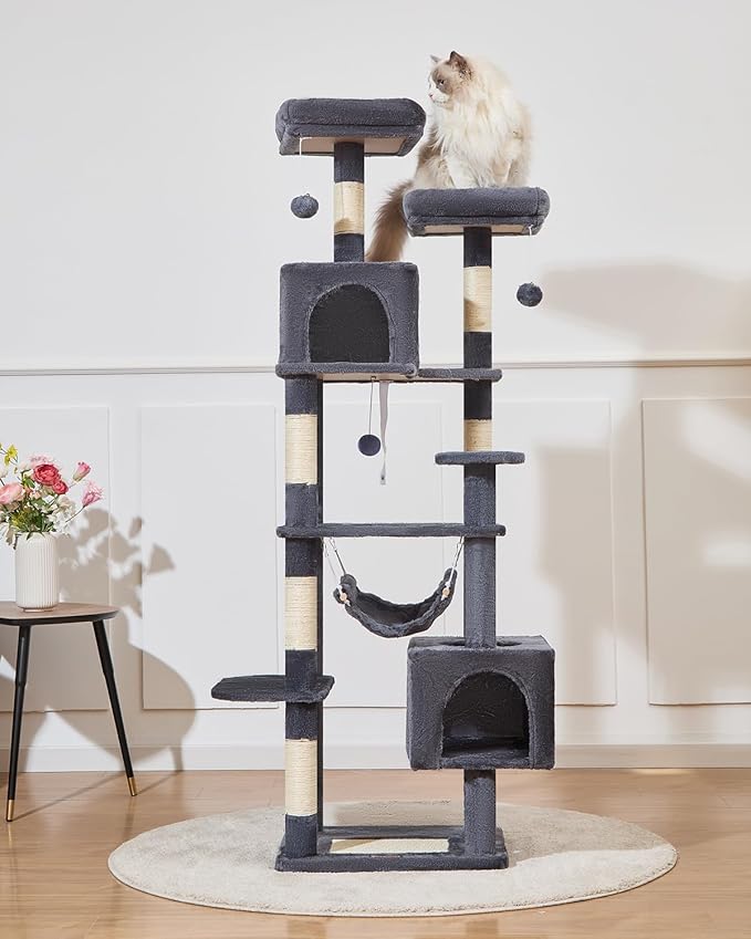 Taoqimiao Cat Tree, 68-Inch Cat Tree Cat Tower for Indoor Cats, Plush Multi-Level Cat Condo with 6 Scratching Posts, 2 Perches, 2 Caves,Hammock, 3 Pompoms,MS020SG Smoky Gray-Mewly Pet