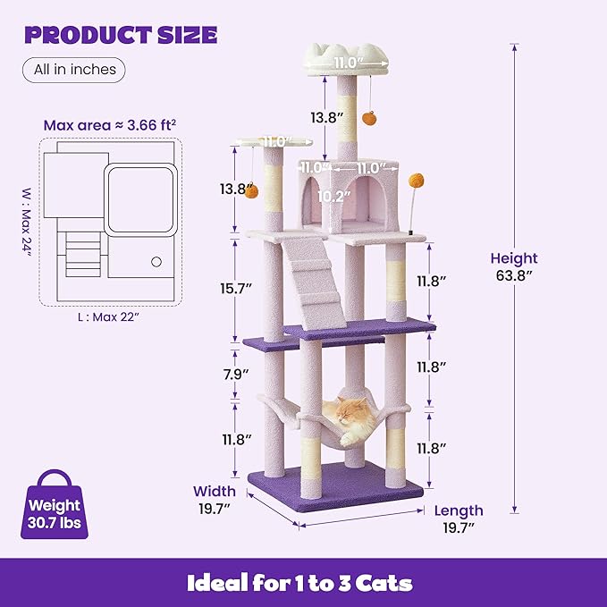MWPO Flower Cat Tree for Indoor Cats, 63.8 Inches Multi-Level Cat Tower with Sisal-Covered Scratching Posts, Padded Platform, Hammock, Dangling Toys, Stable Cat Condo Pet Play House-Mewly Pet