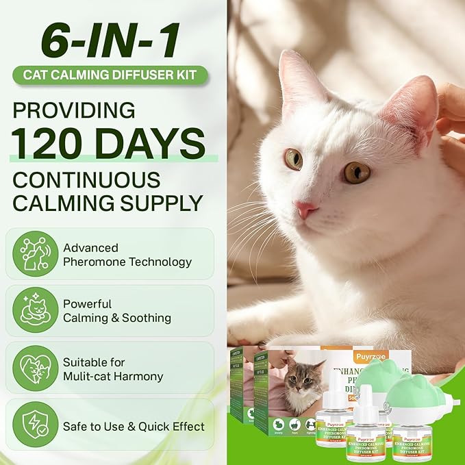 Cat 6-in-1 Calming Diffuser + Multivitamin 500 Chews for Cats – Stress Relief, Immune, Skin & Coat, Digestion, Brain & Bone Health for All Cats, 2 Diffusers + 4 Refills-Mewly Pet