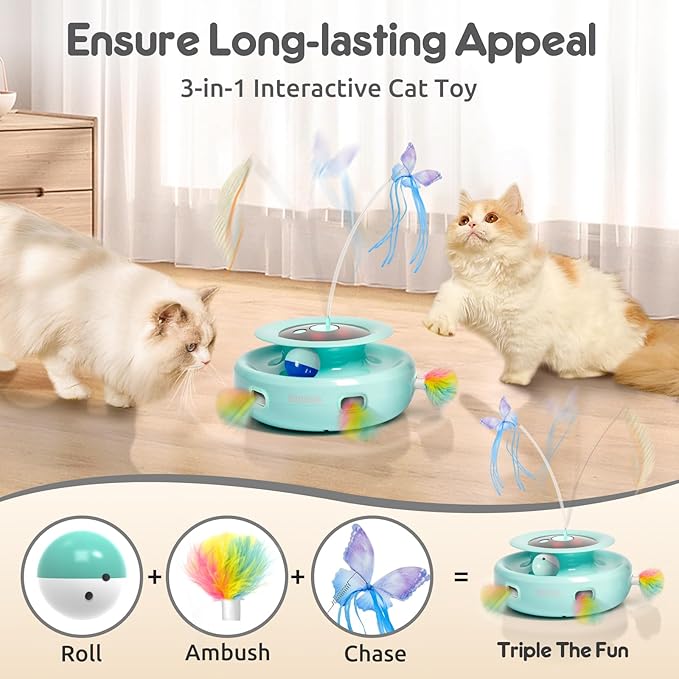 ORSDA Cat Toy, 3-in-1 Automatic Interactive Electronic Moving Ambush Feather, Fluttering Butterfly, Track Balls, USB Rechargeable Powered Smart Indoor Exercise Kicker-Mewly Pet