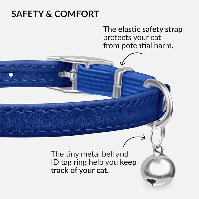 CollarDirect Leather Cat Collar, Kitten Collar with Removable Bell Black Blue Red Orange Lime Green (Neck Fit 8"-11", Navy Blue)-Mewly Pet