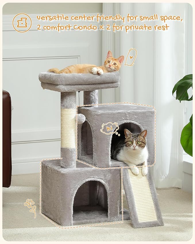 PAWZ Road Cat Tree, 30 Inches Cat Tower with Dual Condos for Indoor Cats, Plush Cat House with Padded Perch, Scratching Ramp and Posts and Replaceable Balls-Gray-Mewly Pet