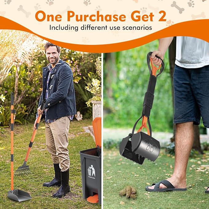 28" Pooper Scooper and 38" Heavy Duty Stainless Steel Rake & Tray Set, 3 in 1 Portable Dog Pooper Scooper Set for Large Medium Small Dogs in Grass, Dirt or Gravel-Mewly Pet