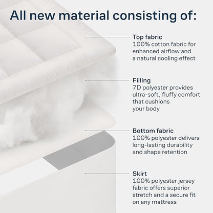 Cloud-Like Queen Mattress Topper - 100% Cotton Top Mattress Pad for Back Pain Relief - Breathable & Naturally Cooling for Hot Sleepers, White