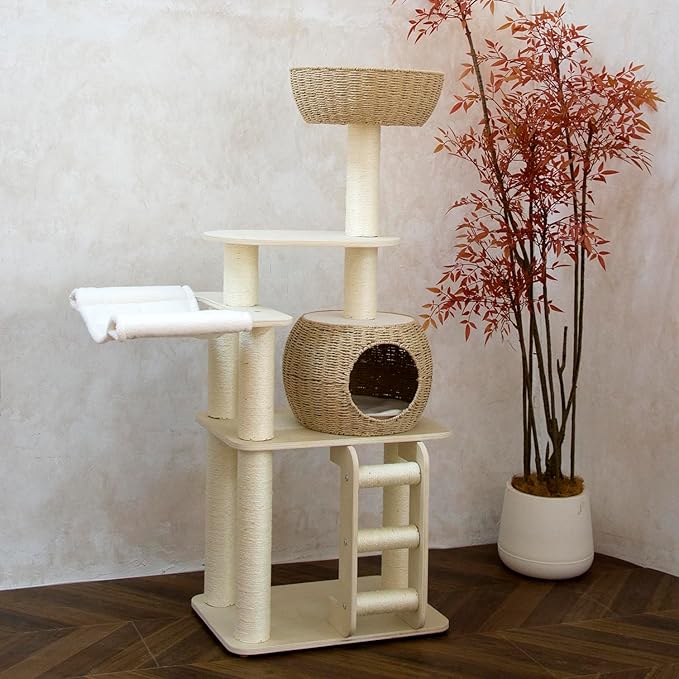 54 Inch Cat Tree for Indoor Cats, Tall Wooden Cat Tower with Scratching Posts, Rattan Condo and Perch, Multi-Level Cat Climber, Stylish Pet Furniture-Mewly Pet
