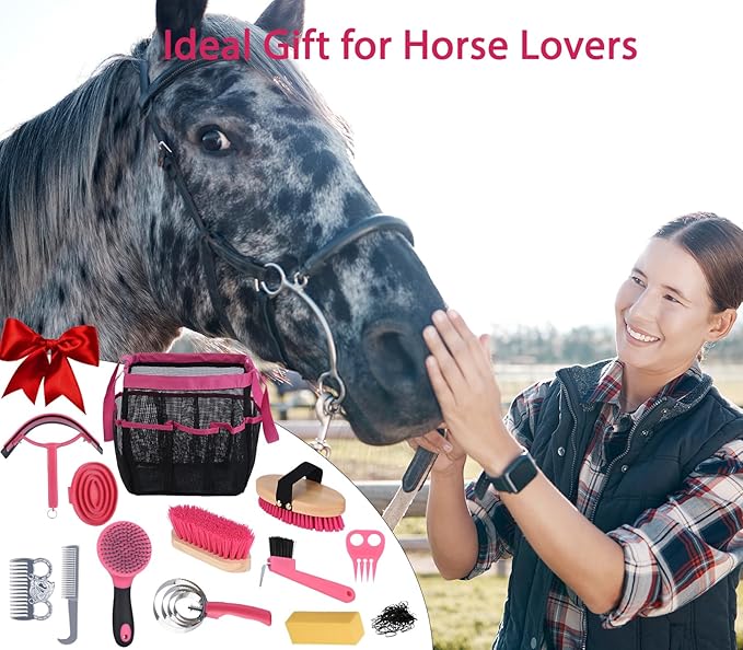 Horse Grooming Kit 13 Piece, Horse Brushes for Grooming Supplies with Tote Bag, Horses Tack Brush Set for Effective Grooming and Cleaning, Gift for Horse Riders Beginners (Pink)-Mewly Pet