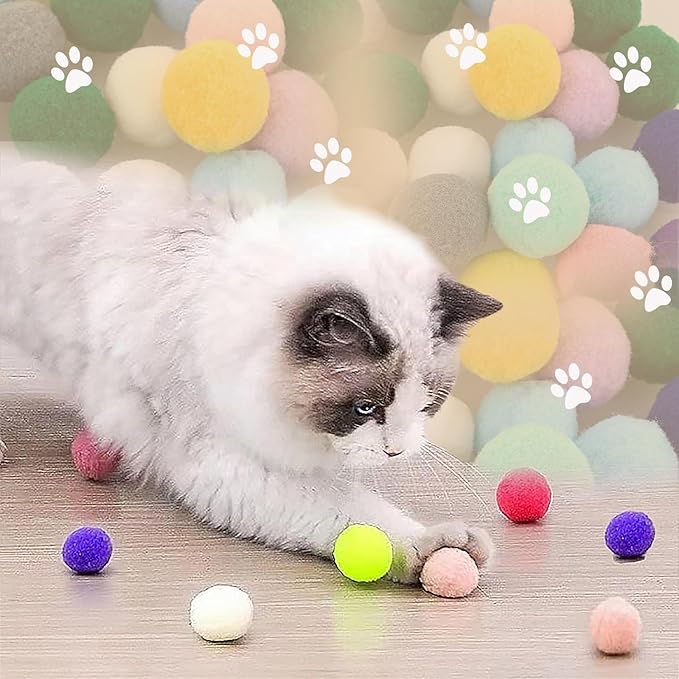 Cat Toy Balls, 30Pcs Premium Soft Pom Pom Balls for Kittens, 1,2'' Funny Interactive Cat Pompom Toys for Bored Indoor Cats Playing Plush Balls for Craft DIY Decorations,Cute Kitten Kitty Toys.-Mewly Pet