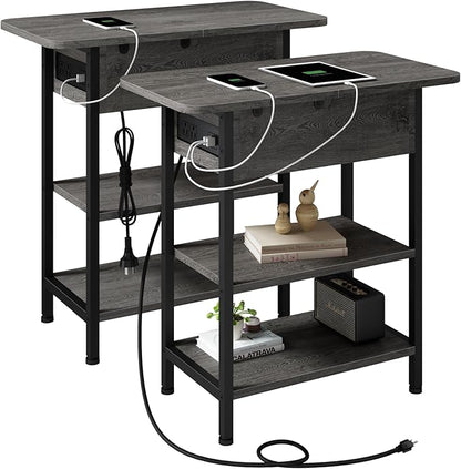 LIDYUK End Table with Charging Station, Flip Top Narrow Side Table for Small Spaces, Nightstands Set of 2 for Bedroom, End Tables Living Room Set of 2 with Storage Shelf, Dark Grey