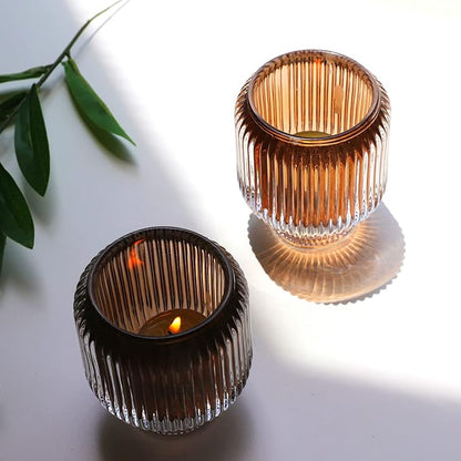 Woho Votive Candle Holders for Wedding Centerpieces, Tealight Candle Holder Set of 2, Glass Votive Candle Holder Bulk for Home Decor(Brown, 3.5'' Tall 3.1'' Diameter)
