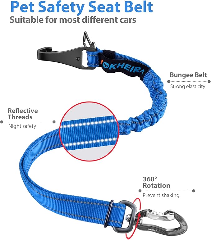 IOKHEIRA Dog Seatbelt - Adjustable Reflective Bungee Car Seatbelt with Aluminum Swivel Carabiner-Mewly Pet