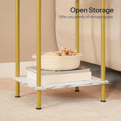 HOOBRO End Table, Small Side Table, Nightstand with 2-Layer Storage Shelves, Sofa Table for Small Spaces, Living Room, Bedroom, Stable Frame, Easy Assembly, Gold and Marble DM09BZ01