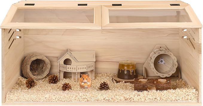 Snowtaros Wooden Hamster Cage, Large Hamster Cages and Habitats Chewproof, with 2 Openable Acrylic Top, Small Animal Cage for Mouse Gerbil Quail Dwarf Syrian Hamsters (31.5" L*15.7" W*15.7" H)-Mewly Pet