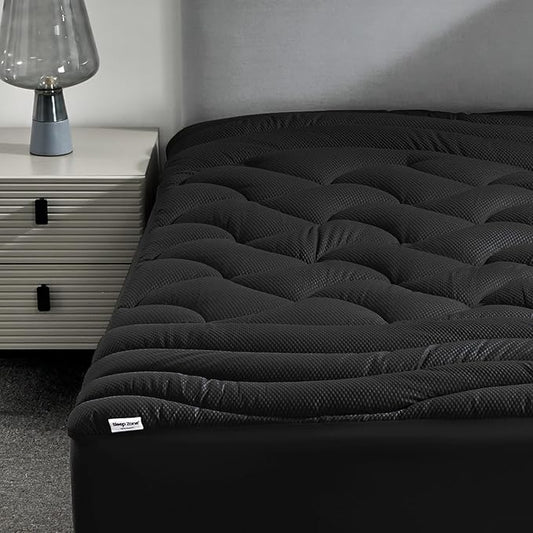 SLEEP ZONE Cooling Mattress Topper California King, Premium Zoned Cool Mattress Pad Cover, Padded Mattress Protector Breathable Washable, Deep Pocket 8-21" (Black, Cal King)