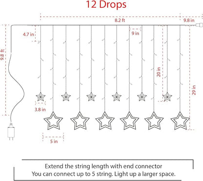 Star Curtain Lights for Bedroom - Plug-in 9ft 138 LED Fairy Twinkle Lights with 12 Star Drops, Connectable Window Lights with Remote 8 Lighting Modes for Indoor Xmas Ramadan Decoration, White