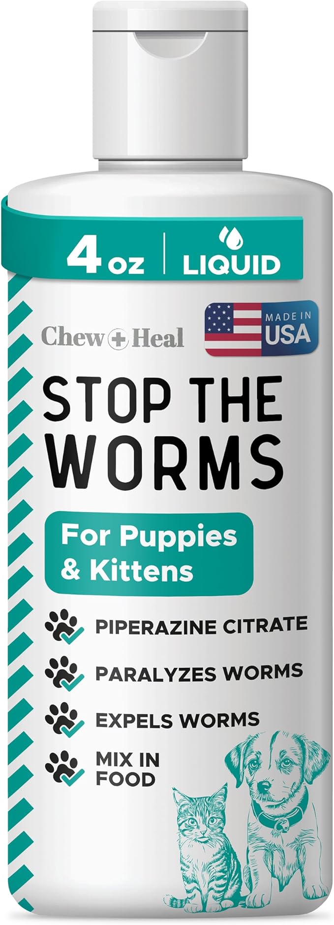 Dog and Cat Dewormer Liquid - 4 oz Wormer Solution to Paralyze and Expel Roundworms - Kitten and Puppy Dewormer-Mewly Pet