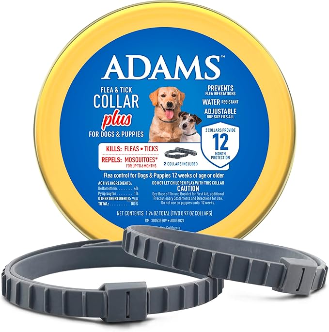 Adams Flea & Tick Collar Plus for Dogs & Puppies |2 Pack |12-Month Protection |One Size Fits All Dogs & Puppies 12 Weeks and Older |Kills Fleas and Ticks |Repels Mosquitoes (excluding California)-Mewly Pet