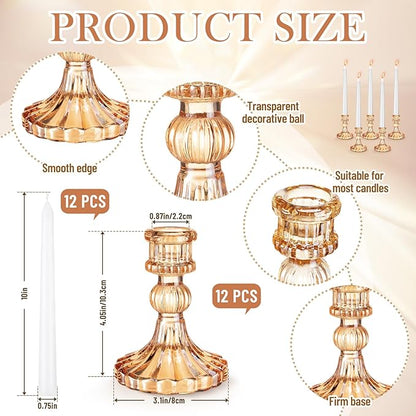 Suclain 24 Pcs Glass Taper Candle Holder Sets 12 Candlestick Holder with 12 White Long Candles for Wedding Party Decor Dinner Decoration(Amber)