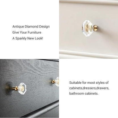 6-Pack Brass Base Crystal Drawer Knobs,Glass Crystal Gold Cabinet Knobs,1-5/16-Inch Hexagon,Kitchen Hardware Pulls, Modern Bathroom Hardware knob