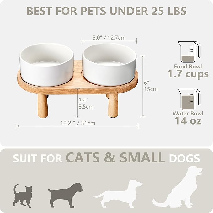 Ceramic Elevated Dog Bowls, Pet Food and Water Bowl Set for Small Dogs and Cats, 1.7 Cups Elevated Cat Bowls with Wood Stand, 14OZ, White-Mewly Pet