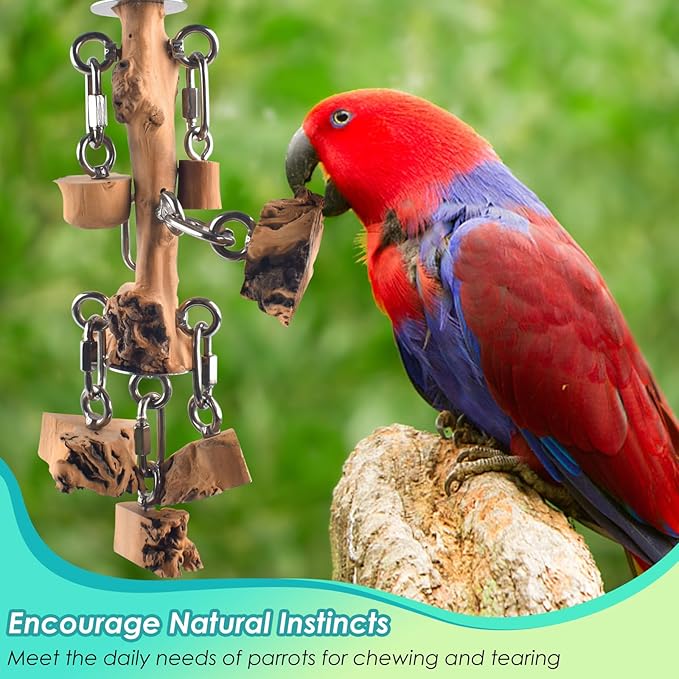 Bird Toys for Parrots, Durable Wooden Large Birds Toy with Stainless Steel, Hanging Natural Chew Hardwood Blocks for Macaws, African Greys, Amazon Parrot, Cockatoos and Small Medium Parakeets-Mewly Pet