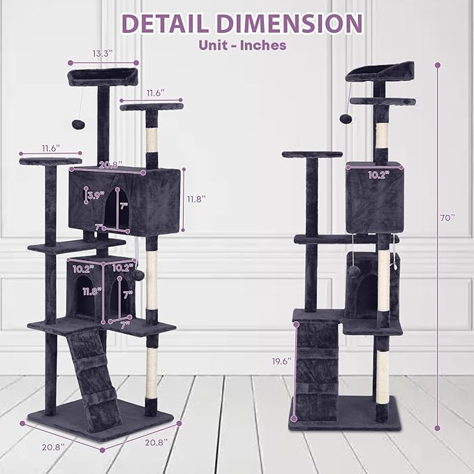 70 Inches Cat Tower for Indoor Cats, Multi-Level Cat Condos with Scratching Posts, Hanging Toys, Ashy-Mewly Pet