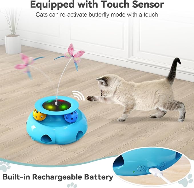 3in1 Interactive Cat Toys for Indoor Cats Rechargeable,Whack a Mole Cat Toy, Fluttering Butterfly, Track Balls, Automatic Kitten Toys Touch Activated, 2 Refill Feather-Mewly Pet