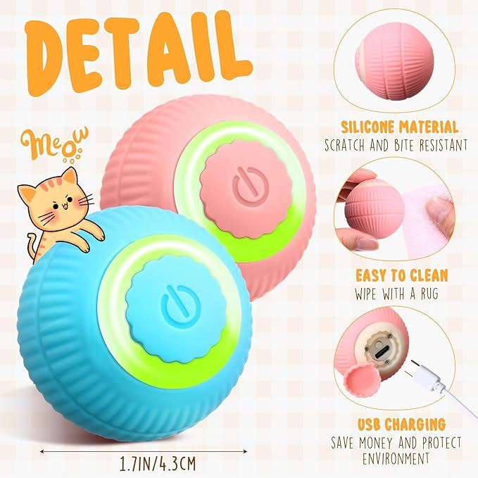 6 Pack Interactive Cat Ball Toy for Indoor Automatic Smart Rolling Ball with LED Light 2 Modes Electric Self Rolling Toy for Large and Small Puppy Kitten-Mewly Pet