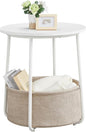 VASAGLE LILEA Collection - Small Round Side End Table, Modern Nightstand with Fabric Basket, Matte White and Camel Brown ULET223W10