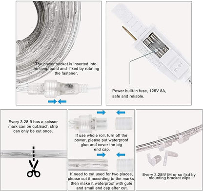 SURNIE Rope Lights Outdoor Waterproof Daylight White: LED 100FT Cuttable Outside Bright 110V Lighting 6000K Connectable Flexible Cool Clear Tube, Indoor Deck Patio Xmas Camping Decor, Not Flat Strip