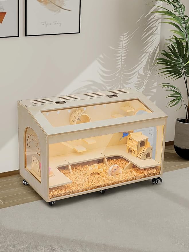 Hamster Cage Large 32 inch Guinea Pig Cages Hamster Cages Enclosure and Habitats Mice Rat Cage with Platform Openable Top Acrylic Sheets Wooden Chewproof Small Animal Cage for Hedgehog Mouse Gerbil-Mewly Pet