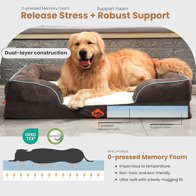Laifug Large Orthopedic Premium Memory Foam Dog Bed, Dog Sofa with Washable and Removable Suede Cover, Waterproof Liner and Non-Slip Bottom Grey, Large(40''x32''x9'')-Mewly Pet