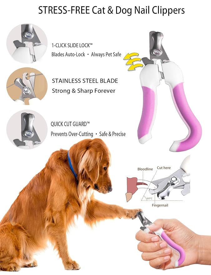 6ps Dog Cat Brush Grooming Kitf, Dog Cat Brushes, Bath Brush, Dematting Rake and Comb, Nail Clipper, Nail File, Flea Comb (Pink 6 Kits)-Mewly Pet