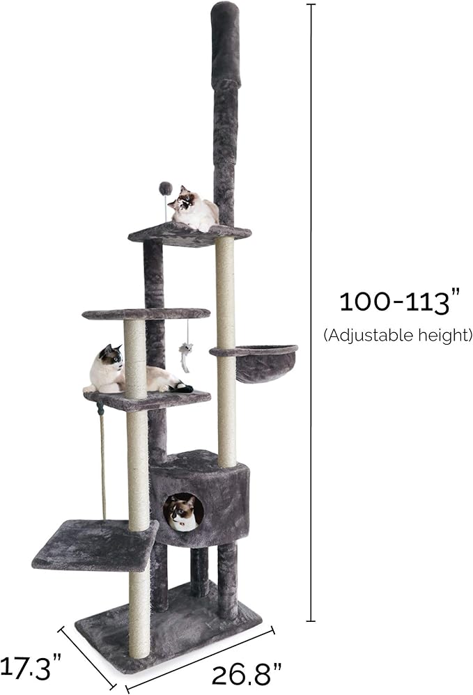 Furhaven 100"-113" Tall Cat Tree for Indoor Cats w/ Adjustable Height, Ft. Sisal Scratching Posts, Condo, & Toys - Tiger Tough Skyscraper Interactive Playground Tower - Gray, One Size-Mewly Pet
