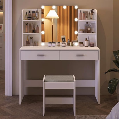 usikey Vanity Desk with Mirror and Lights, Makeup Vanity Set with 2 Drawers and Open Shelves, Makeup Vanity Desk Dressing Table with Cushioned Stool and 10 LED Lights, White