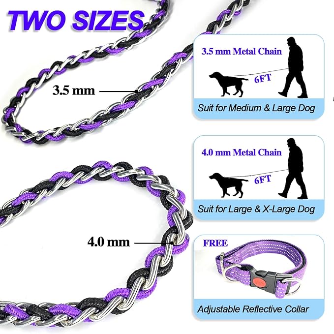 Dog Leash Rope Chain, Nylon Rope Metal Chain for Pet Leads. 6ft Heavy Duty Chew Proof Training Walking for Medium Large Dogs. (Medium, Purple&Black)