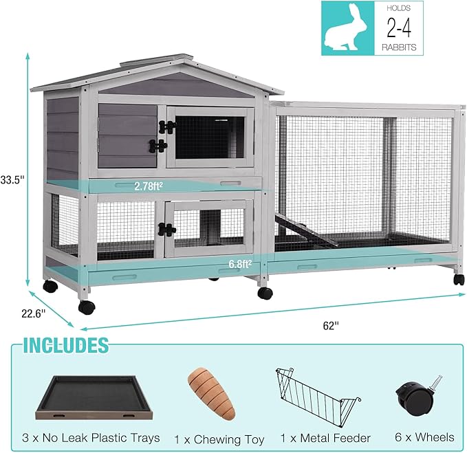 62" Rabbit Hutch with Chew-Proof Ramp & Waterproof Roof - Indoor/Outdoor Bunny Cage, 2-Story Design, 6 Lockable Caster Wheels & Dual Pull-Out Trays (Grey)-Mewly Pet