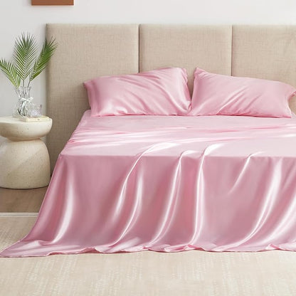 Love's cabin Twin Satin Sheets Sets - 3 Piece Pink Silky Bed Sheets with Deep Pockets, Luxury Silk Feel Satin Twin Size Sheet Set Bedding Set (1 Flat Sheet,1 Fitted Sheet,1 Pillow case)